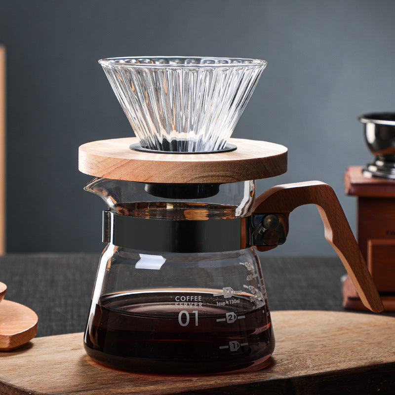 Blowing Thickened Glass Coffee Pot Set Rubber Wood Handle Sharing Pot Coffee Cup Manufacturers Bulk Stock