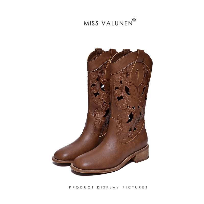 Miss Valunen boots summer cut-out western cowboy boots women's vintage embroidery boots