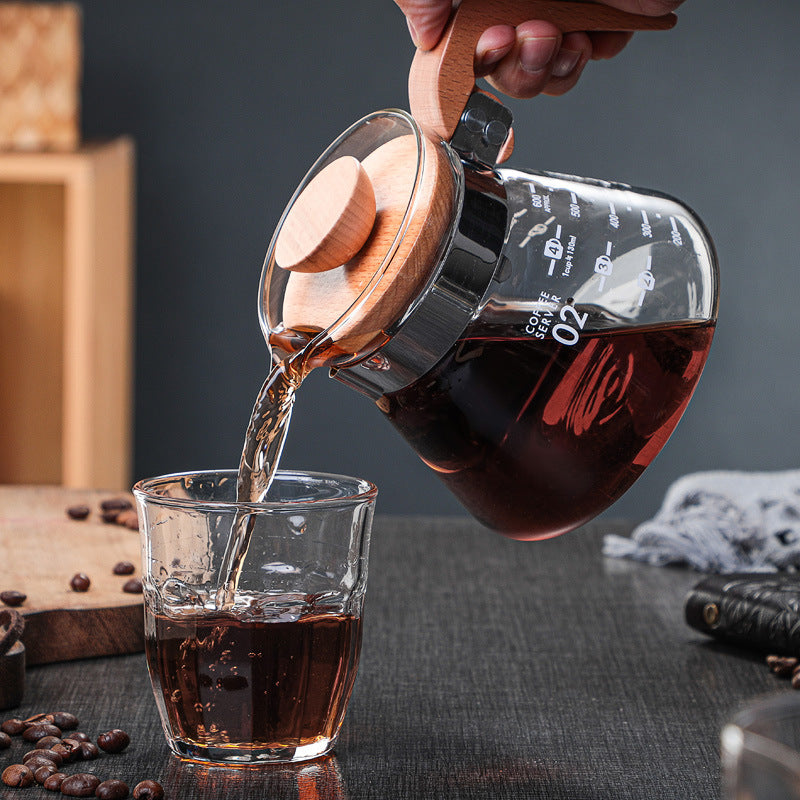 Blowing Thickened Glass Coffee Pot Set Rubber Wood Handle Sharing Pot Coffee Cup Manufacturers Bulk Stock