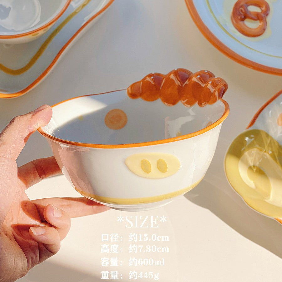 Cute bread, ceramic tableware, home bowl, dessert cookie, bread, high value round plate, rice bowl, spoon, plate