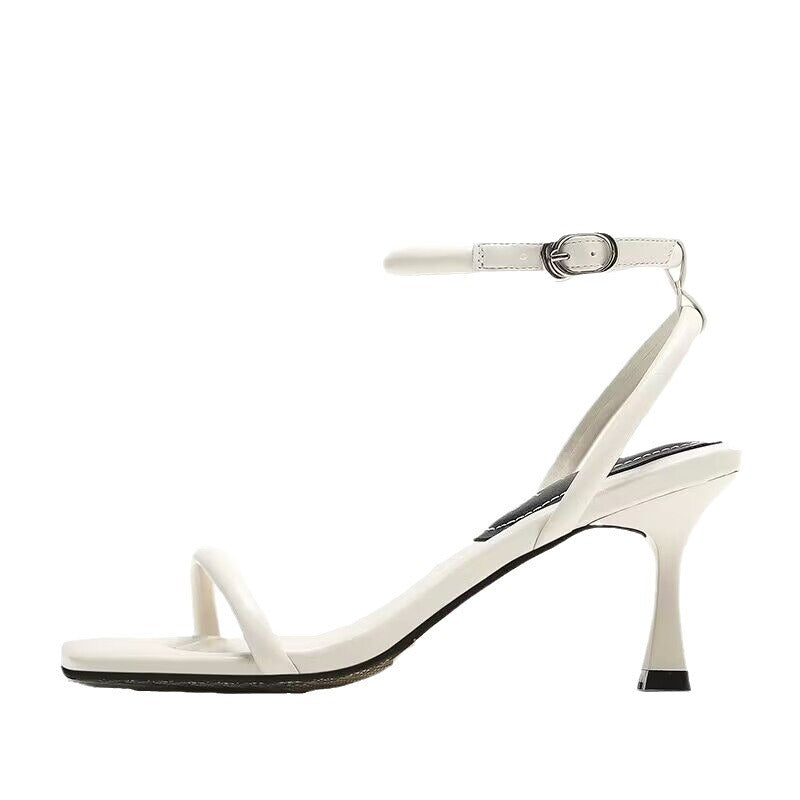 2024 New White French High Heels, Stiletto Heels, Square Toe, Open Toe, Slotted Sandals, Women's Summer