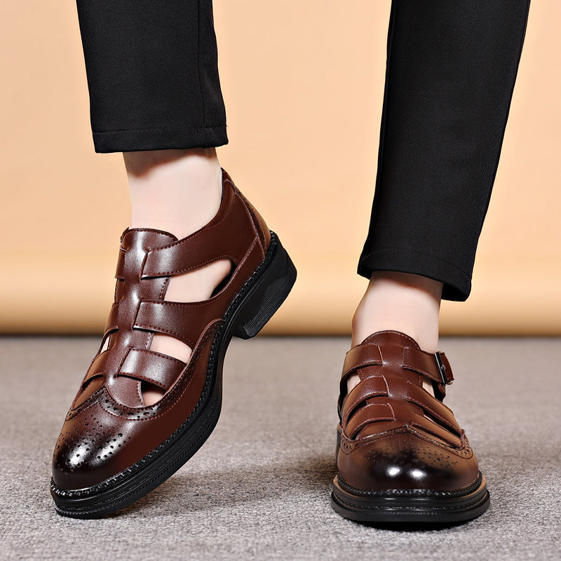 Beach shoes men's sandals retro baotou business dress leather sandals genuine leather korea trend version hollow leather shoes men's handmade