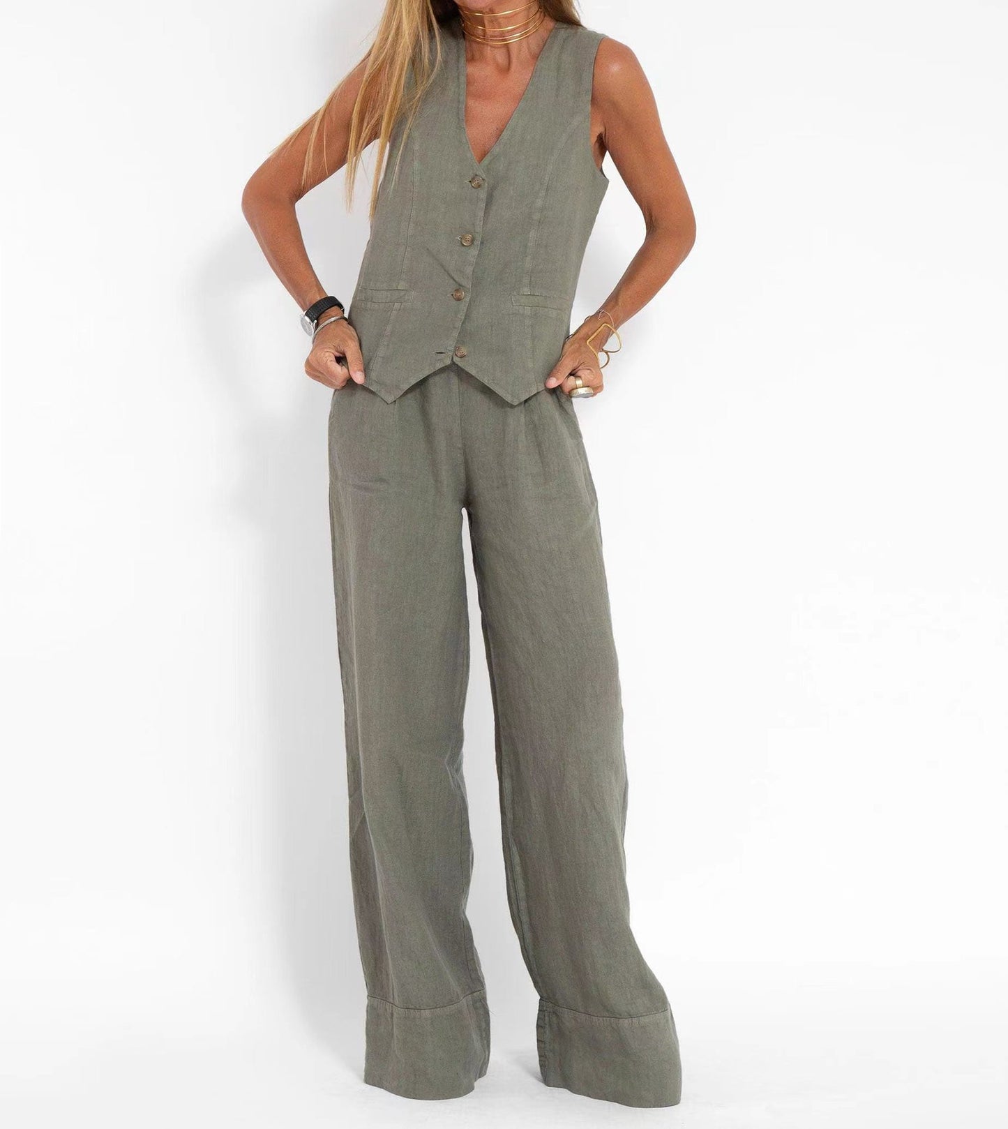 2024 European and American cross-border hot sale new fashion vest trousers, collage stitching, pure sleeveless color temperament casual suit