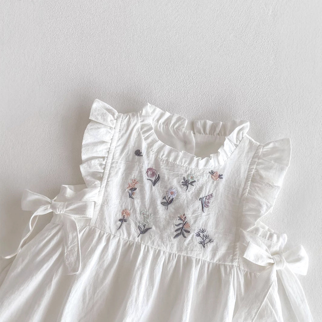 2025 baby summer embroidery floral side waist bow baby toddler hayi baby girl sleeveless thin crawling clothes