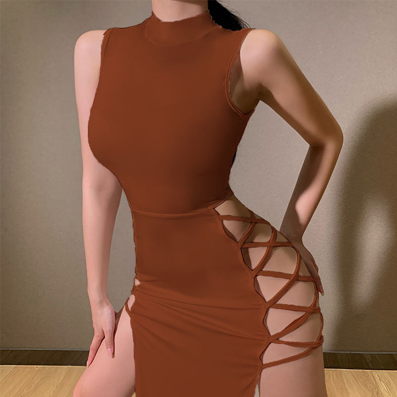 American amazon summer women's half turtleneck vest slim sleeveless European and American style slit sexy babes dress