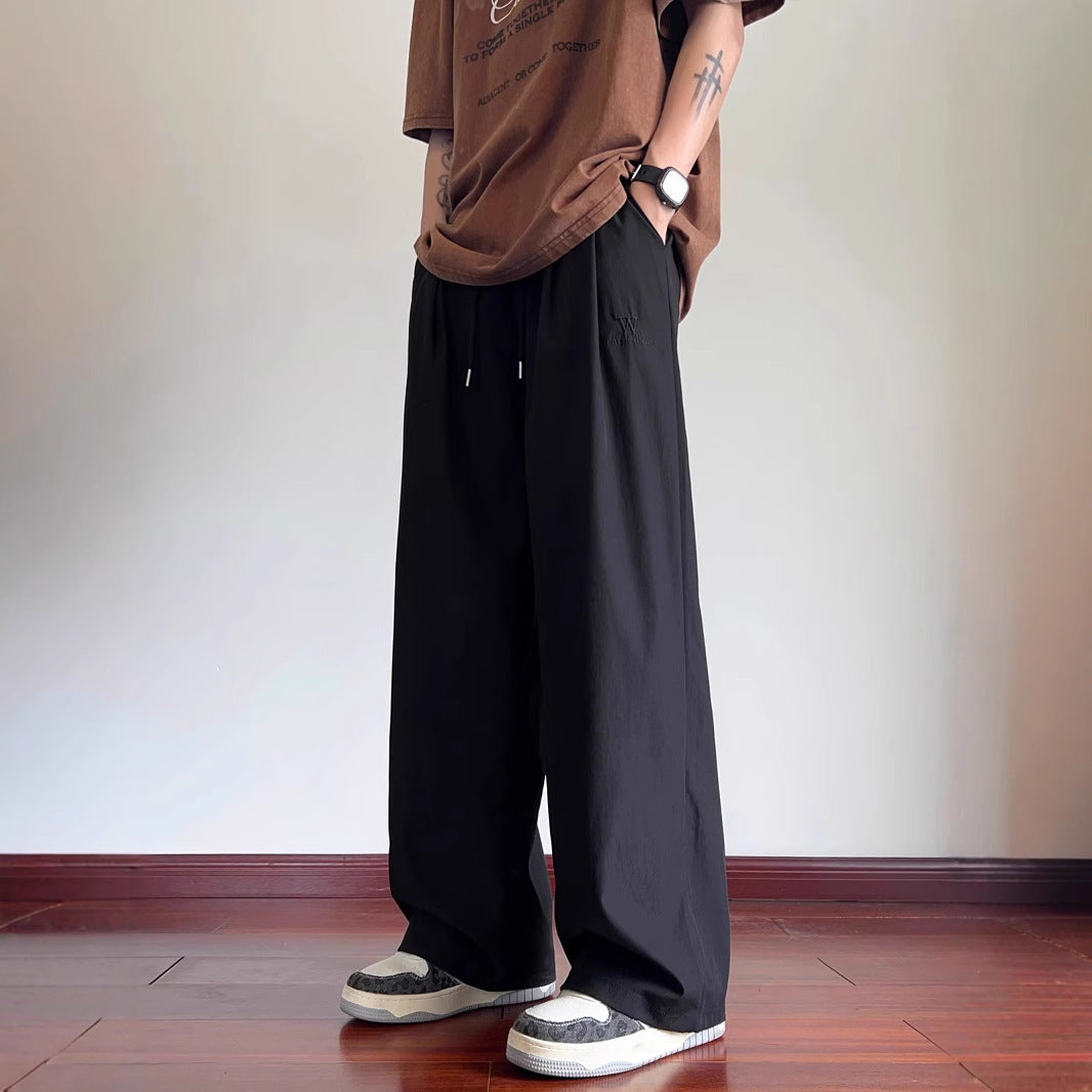 Men's ice silk casual pants 2025 summer thin loose and versatile trend ins American sports wide-leg trousers