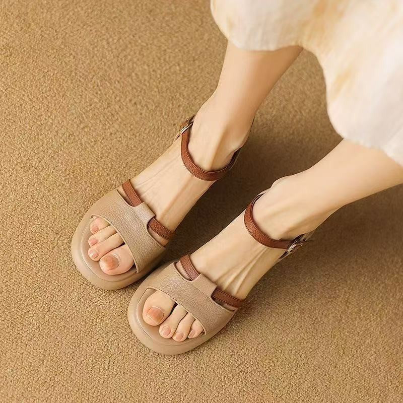 Soft leather platform sole strap sandals women's 2025 new summer soft sole thick heels are not tiring to work and wear with skirts