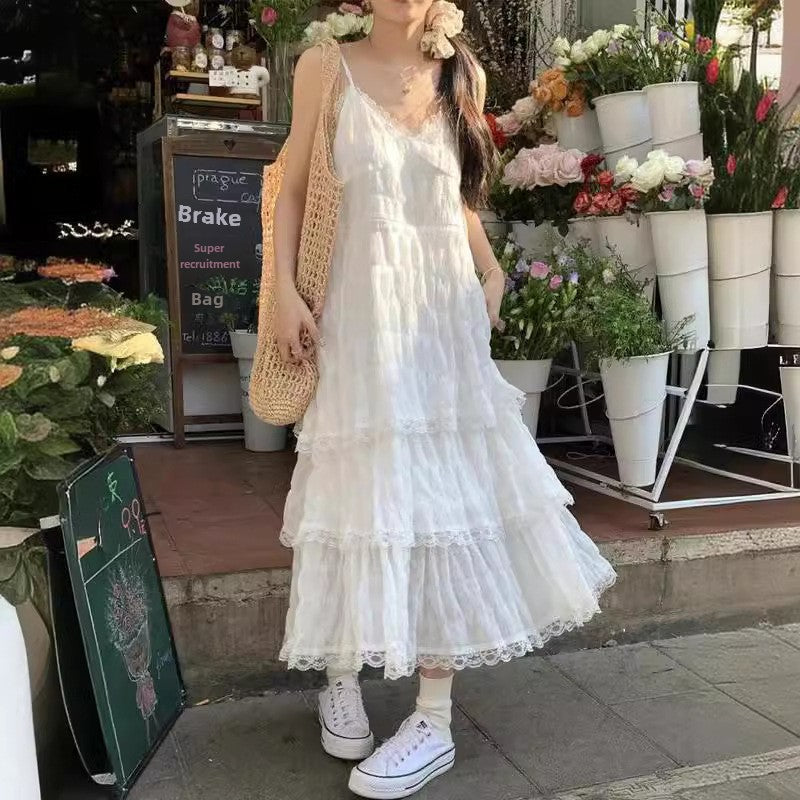 Sweet age reduction white french slip dress women's summer resort style small man loose cake long skirt