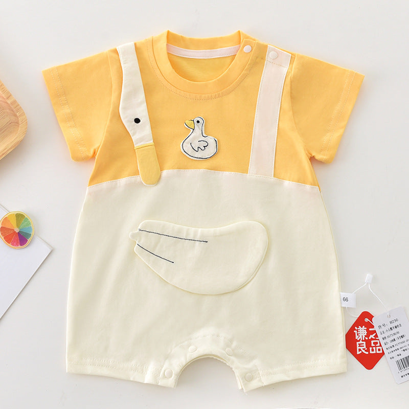 Newborn super cute summer clothes, baby thin onesies, full moon 100 days, fashion short-sleeved swan shoulder buckles, out of climbing clothes