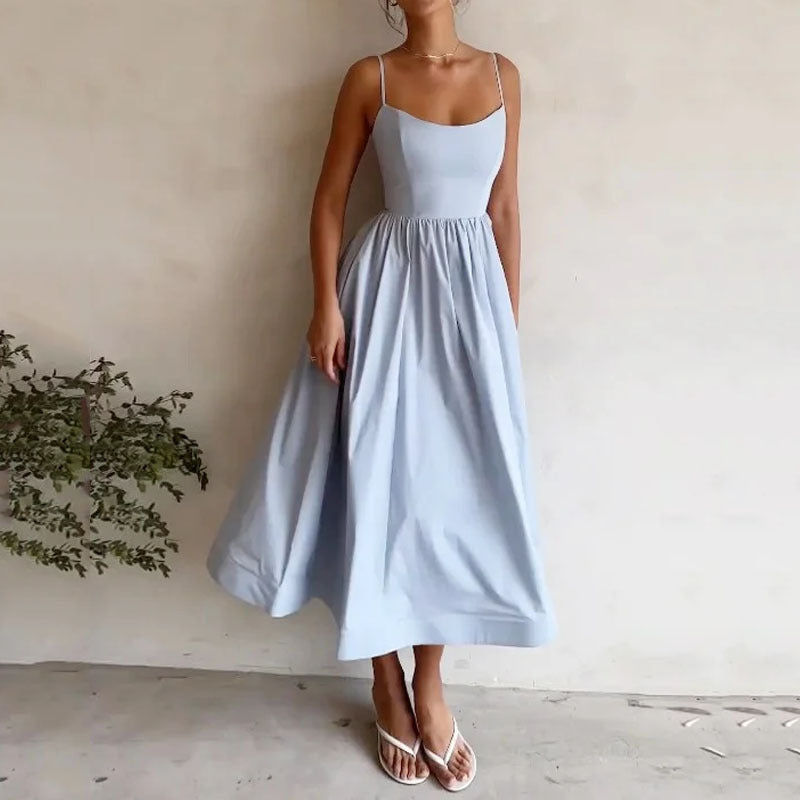 2024 European and American women's foreign trade spring and summer new products solid color sexy U-neck cinched waist pleated suspender large swing dress