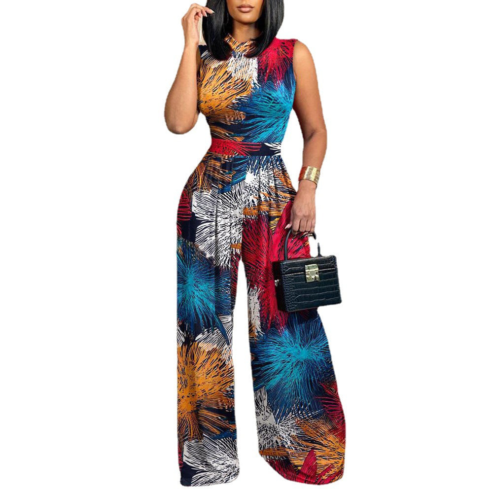 2025 new summer European and American cross-border hot sale casual straight simple jumpsuit slim print sleeveless trousers women's clothing
