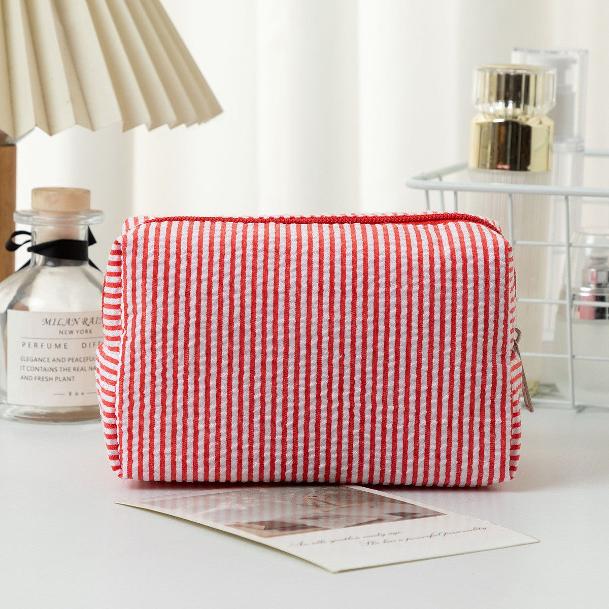 Cross-border hot selling seersucker cosmetic bag hand holding large capacity toiletry bag embroidered stripe travel cosmetics storage bag
