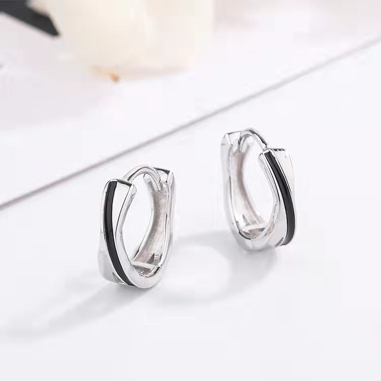 S925 sterling silver black drop glaze hip hop earrings men's Korean temperament personality hipster ring hoop earrings