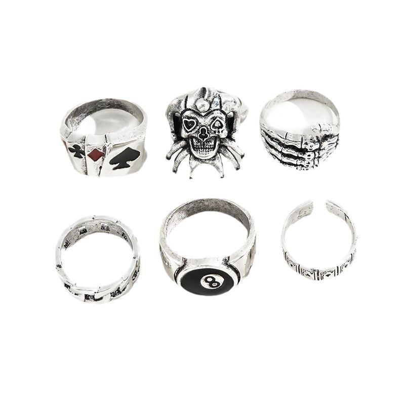 European and American popular jewelry, men's punk, exaggerated skulls, ghost claws, poker clowns, number 8, round 6-piece set