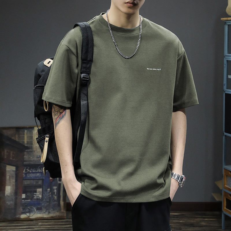 Heavy short-sleeved T-shirt men's top clothes summer new American cotton brand bottom white loose half-sleeve T-shirt