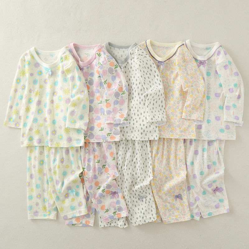 Baby long sleeve suit, cotton summer thin girl air conditioning suit, two-piece high waist belly protection baby loungewear pajamas