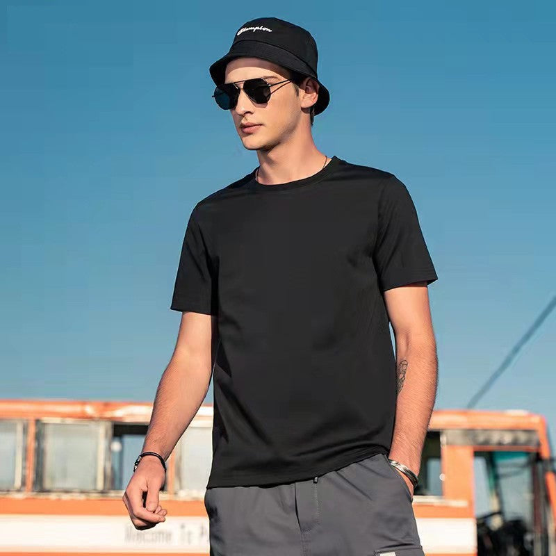 Cool ice silk cotton men's short-sleeved T-shirt summer white half-sleeved men's solid color mercerized t-shirt bottoming shirt