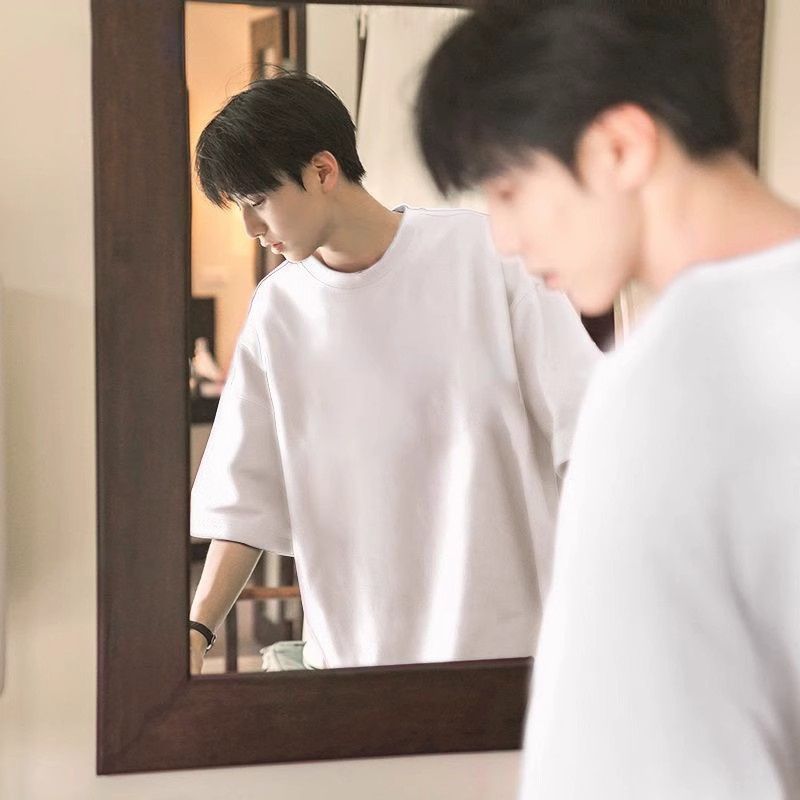 Japanese 300g heavy cotton short-sleeved T-shirt boys' white half-sleeved women's summer loose tops, trendy brand base shirts