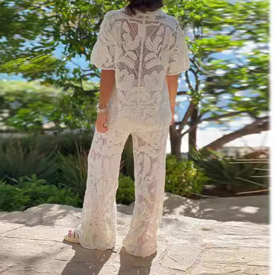 European and American cross-border 2024 new lapel cut-out loose top, straight trouser suit, casual fashion temperament