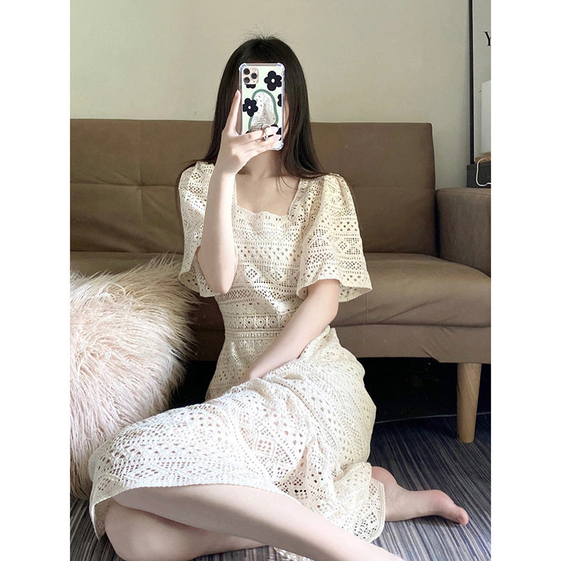 French temperament cut-out lace dress 2024 new summer sister light mature style thin square neck long skirt women