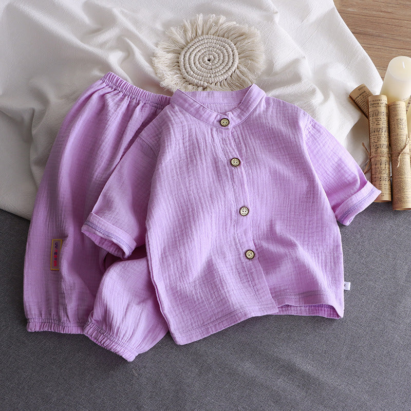 Children's stand-up collar cotton yarn set summer thin boys and girls cotton loungewear baby gauze air-conditioned clothing children's clothing