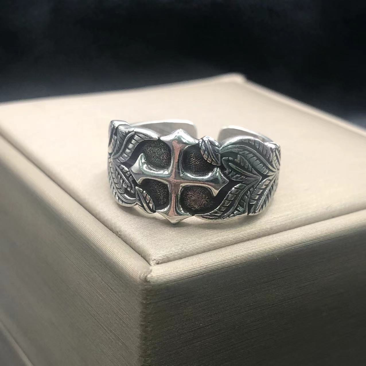 Yishang S925 Thai Silver Old Vintage Ring Men's Trendy Cool Cross Opening Adjustable Sense Ring Index Finger Ring