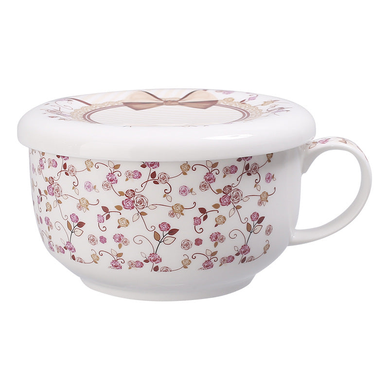 Wholesale instant noodle bowl with lid, high value, small fresh ceramic instant noodle bowl can be microwaved for office workers to play rice bowls