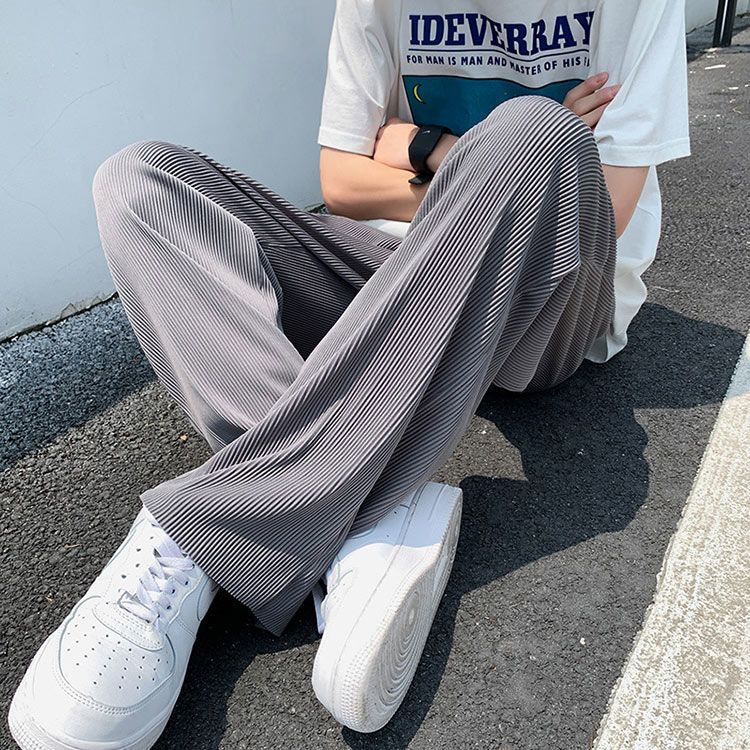 Casual pants men's summer ice silk stripe ultra-thin breathable sports stretch loose straight drape feeling wide-leg trousers
