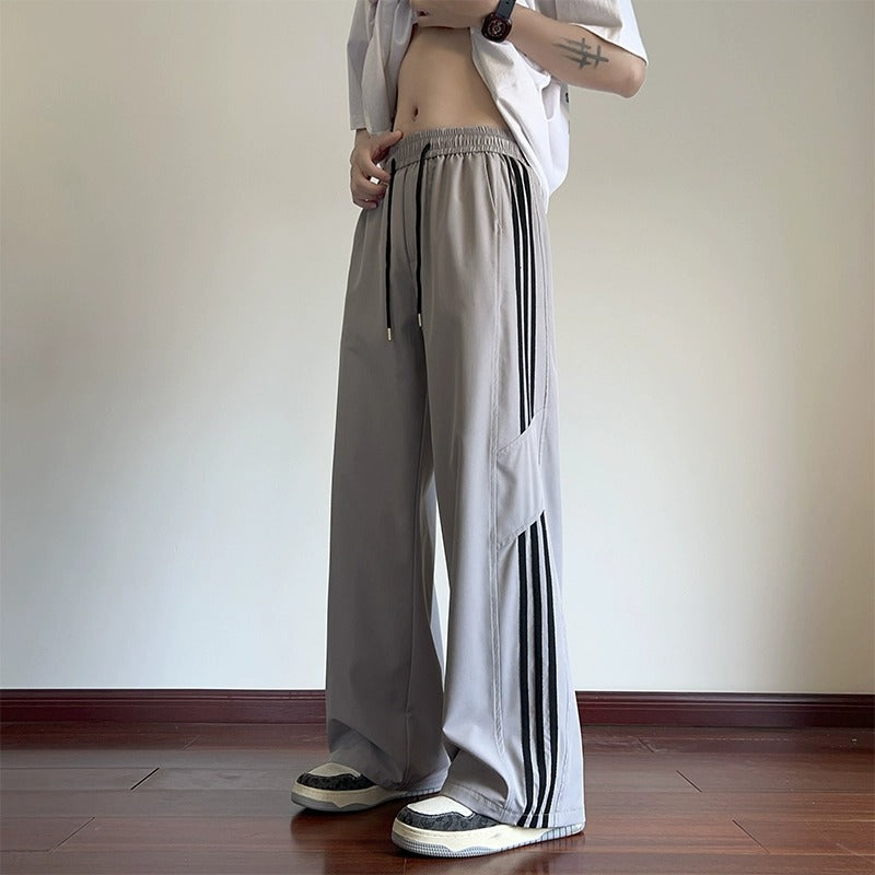 Woodpecker striped ice silk pants men's summer thin loose straight wide-leg pants youth new casual trousers