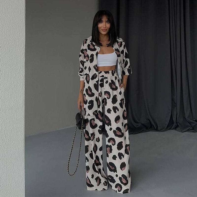 European and American casual suits, foreign trade women's clothing, 2023 autumn new products, printed design, long-sleeved shirt, wide-leg pants, two-piece set