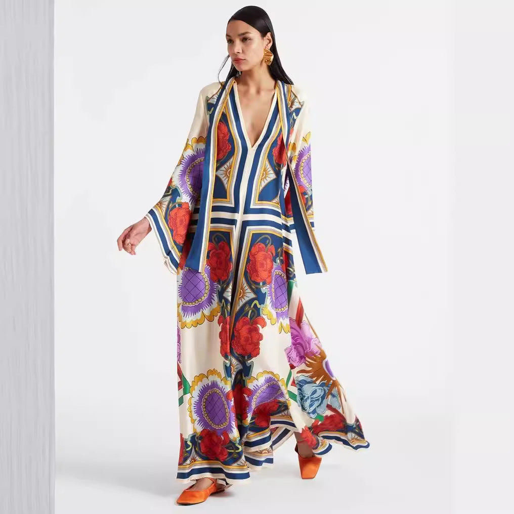 Cross-border foreign trade independent station Amazon Europe and the United States new summer print three-quarter sleeve stand-up collar dress