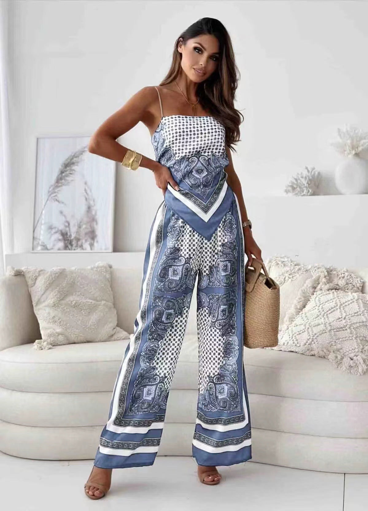 2024 Summer New Amazon Fashion Print Suspender Wrap Chest + Positioning Flower Pants Set 2-Piece Women's Wear