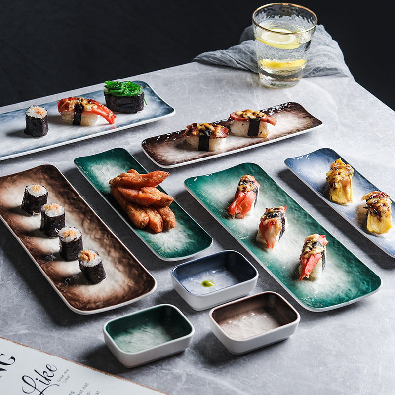 Japanese strip plate, sushi plate, dim sum plate, sashimi dipping saucer, household ceramic creative tableware, rectangular plate