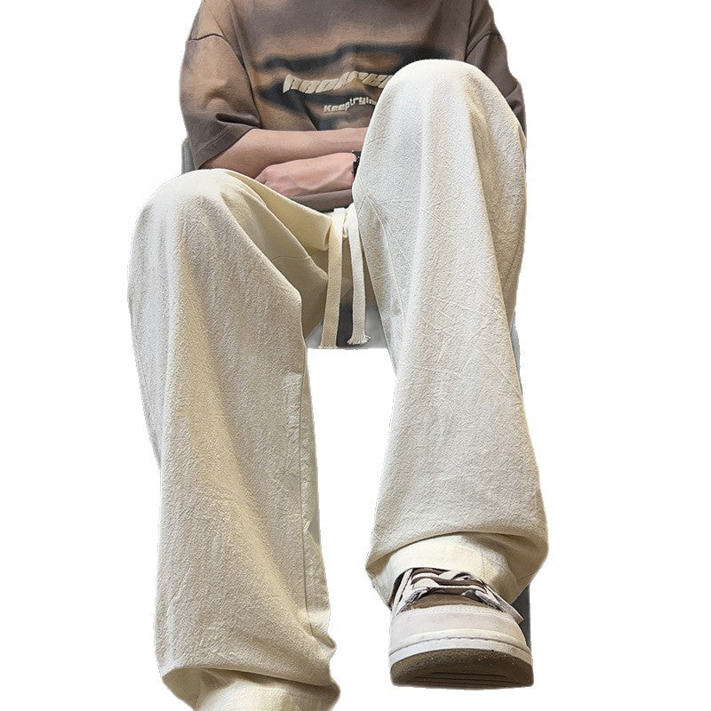 Apricot cotton and linen pants, men's summer thin sweatpants, loose straight slacks, ice silk wide-leg pants, linen women's pants