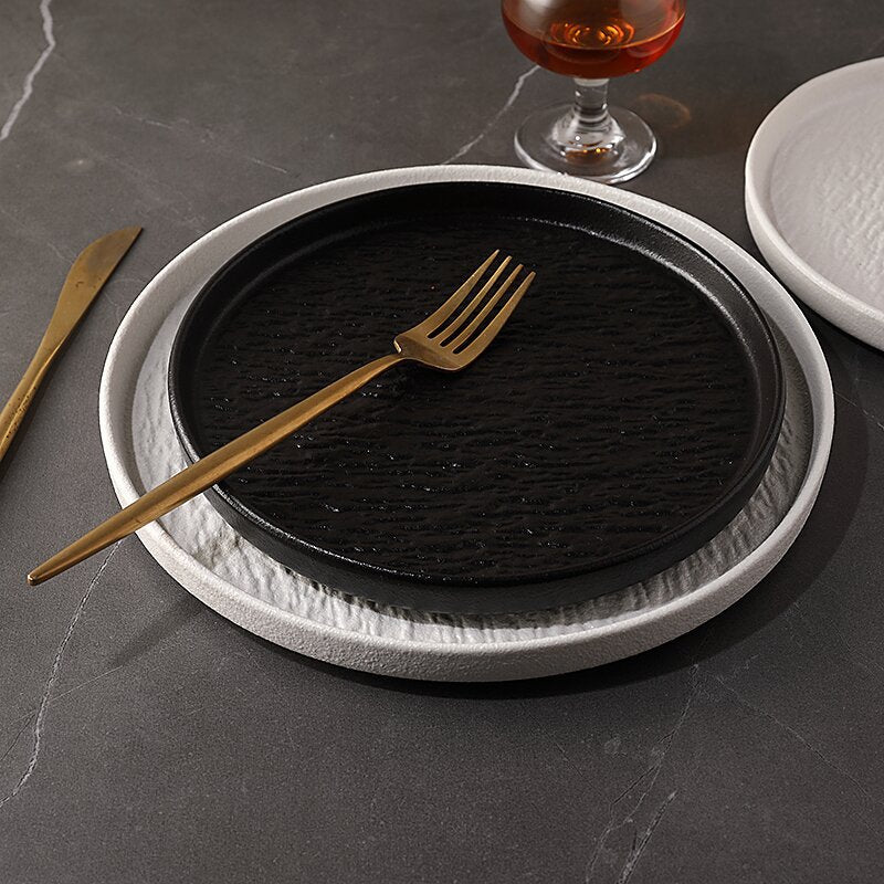 Rock pattern round steak steak plate western food plate japanese simple black and white ceramic restaurant tableware premium sense wholesale