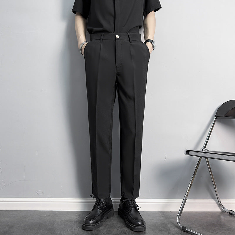 Slim fit, straight, anti-wrinkle suit trousers, men's non-iron, business casual pants, high-end drape, black cropped trousers