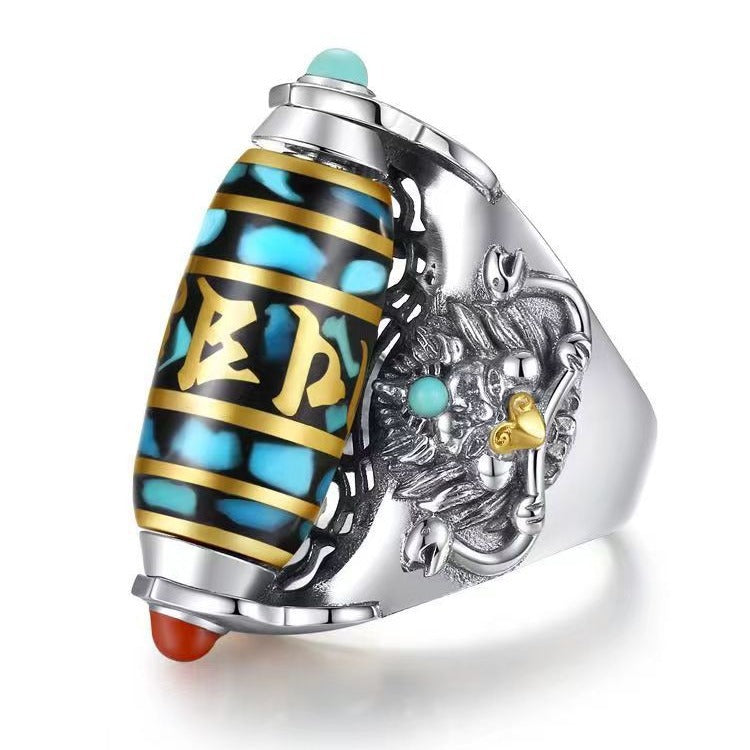 Six-character mantra dzi dzi turn ring men's national tide dapeng bird personality couple ring ring
