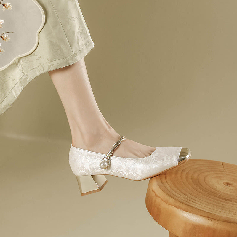 Light national style, new Chinese high-heeled shoes, retro with cheongsam, Mary Jane, square toe, gentle block heels, shallow spring tea