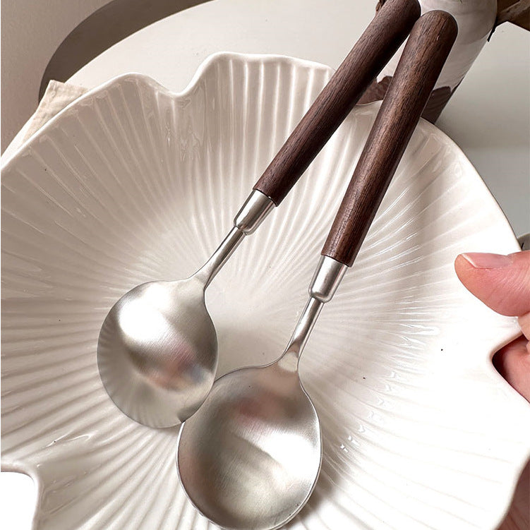 Retro imitation walnut spoon brushed western tableware stainless steel round head soup spoon spoon household japanese dinner spoon wholesale