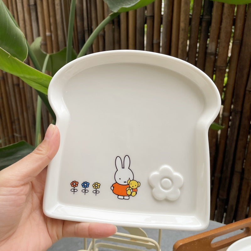 Soft and cute healing Miffy rabbit toast plate, cute rabbit toast shape ceramic plate, small flower flower Japanese dessert plate