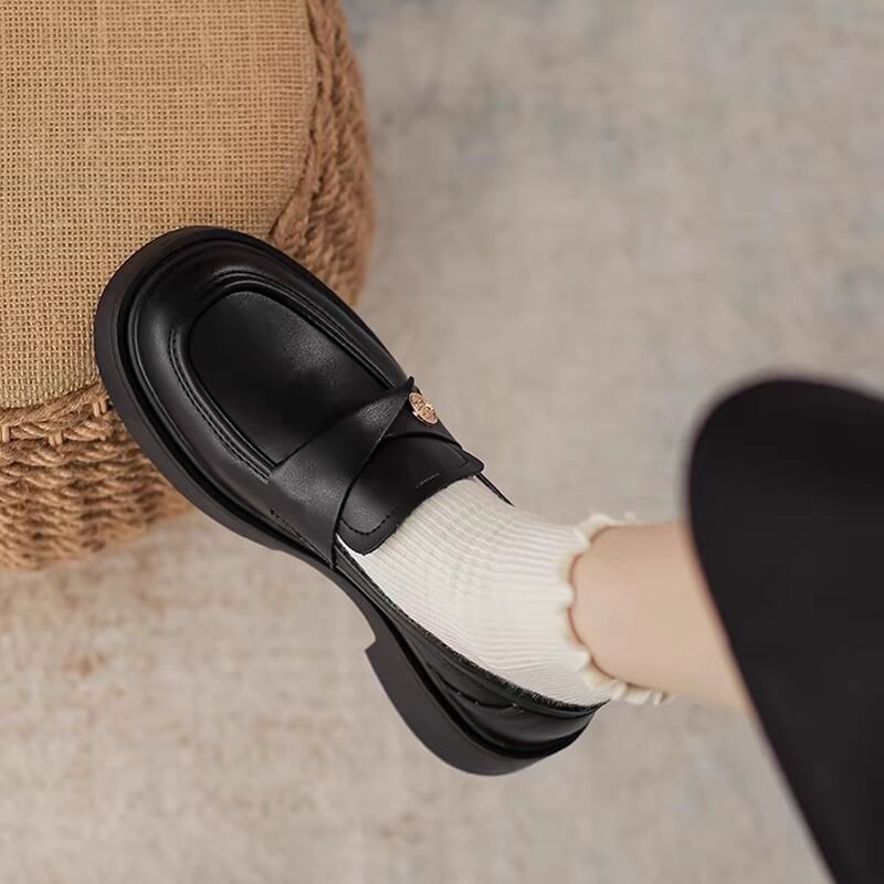 French gold coin loafers, women's British style 2024 spring and autumn new platform block heels, one foot slip small leather shoes