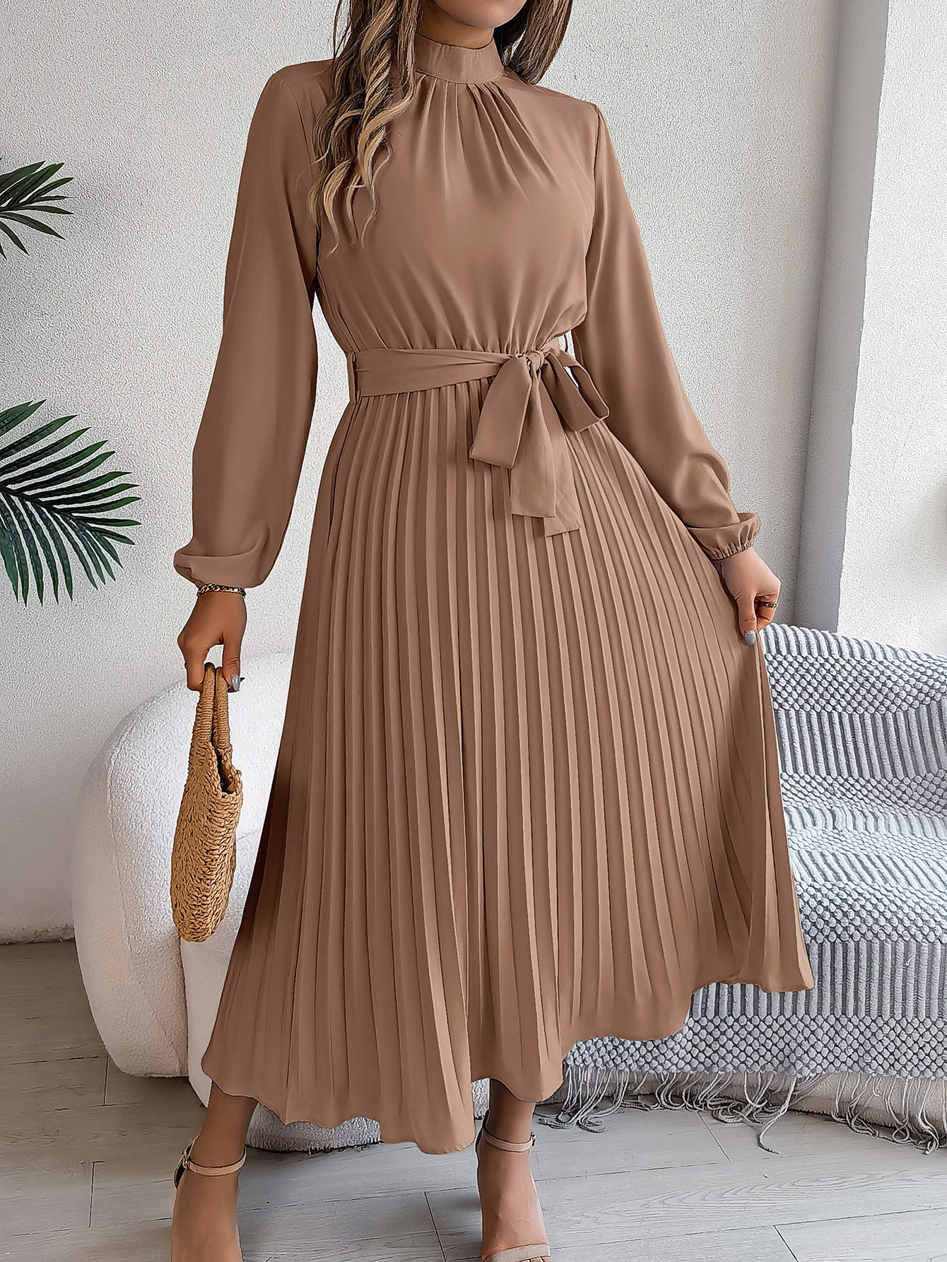 2024 Europe and the United States Fall/Winter Elegant Stand-up Collar Long Sleeve Cinched Waist Pleated Long Skirt Small Dress Amazon Cross-border Women's Wear