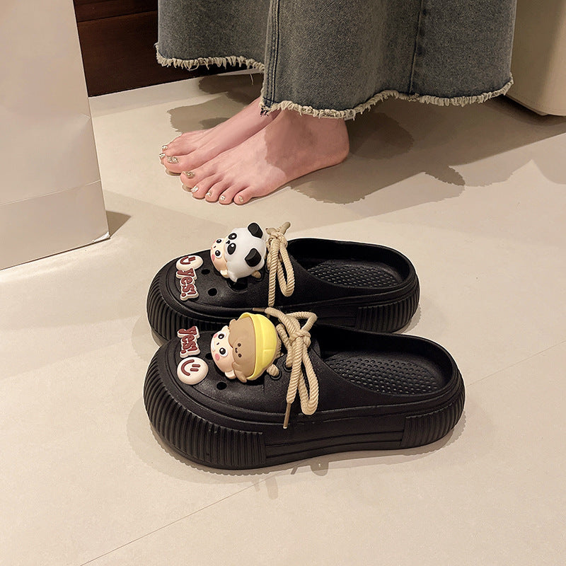 Cute bow lace hole shoes female summer students wear heightened thick-soled toe non-slip sandals indoors and outdoors