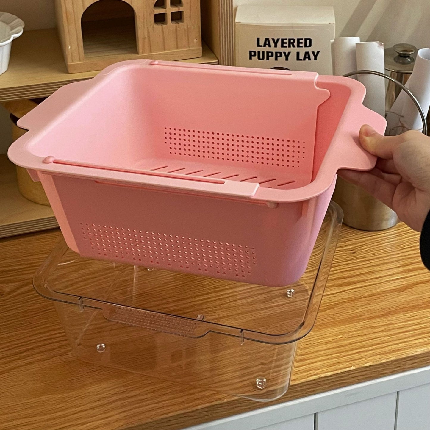 Retractable Draining Basket Macaron Tone Double Layer Multi-Purpose Multi-Purpose Fruit Plate Vegetable Basket Home Kitchen Supplies