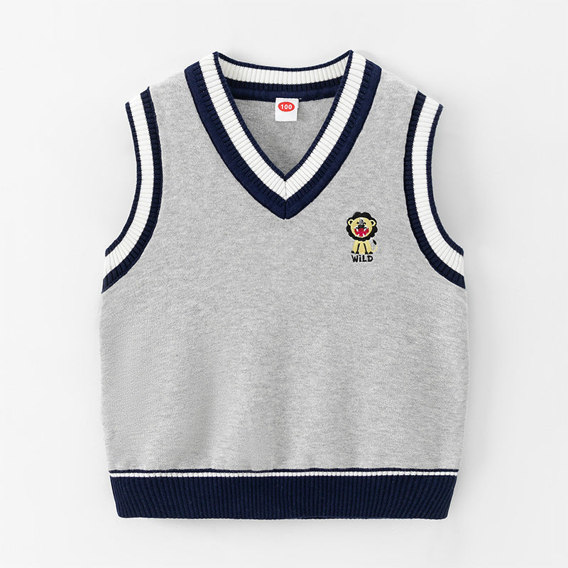 Children's knitted vest 2025 autumn and winter new boys' hair academy wind cord vest baby V neck sleeveless sweater trend