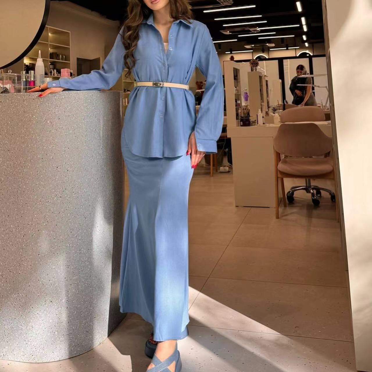 2024 cross-border foreign trade new women's fashion suit, solid color linen cotton fabric lapel top, long skirt