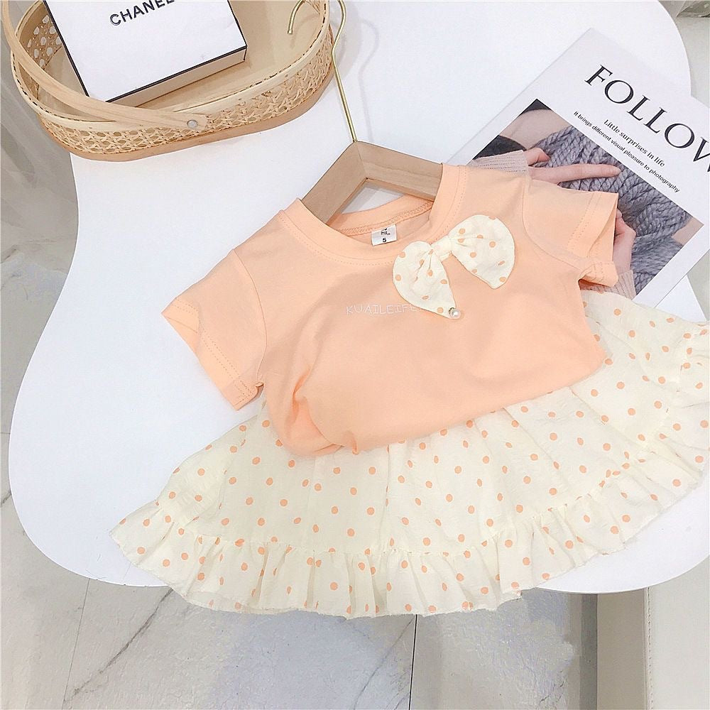 Summer girls children's short-sleeved T-shirt top + polka dot skirt two-piece children's foreign style T-shirt suit
