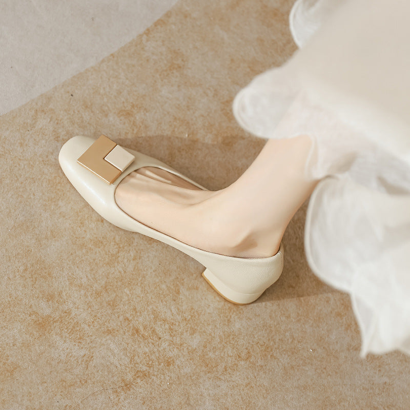 Leather pumps, women's block heels, spring and autumn new versatile square toe medium heel granny shoes, commuter work shoes