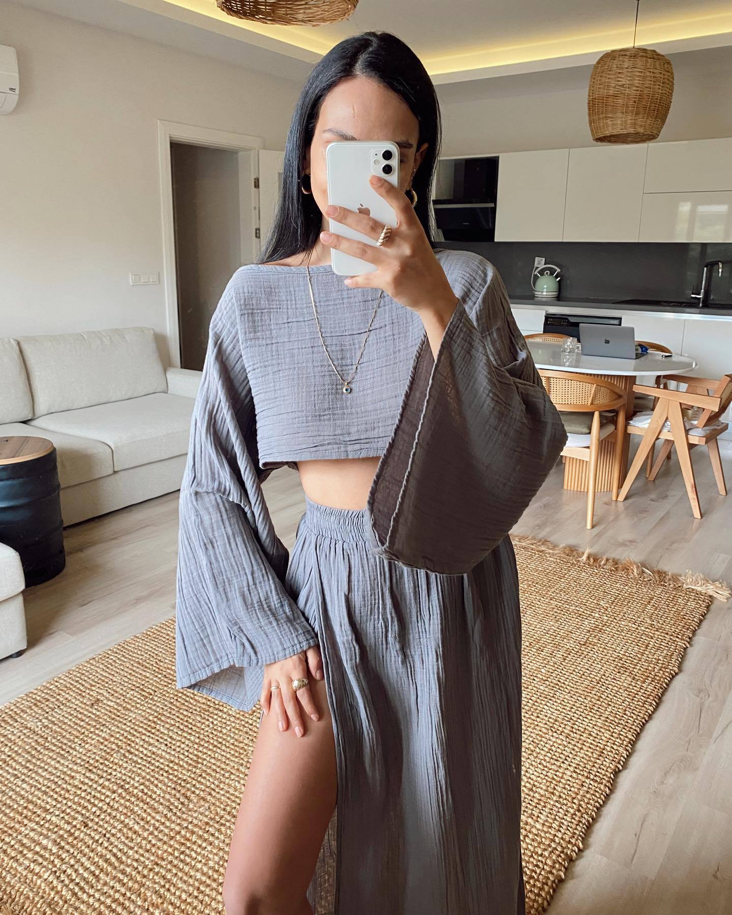 2024 casual vacation linen-blend crop top, high-waisted chic slit, cotton and linen casual two-piece set
