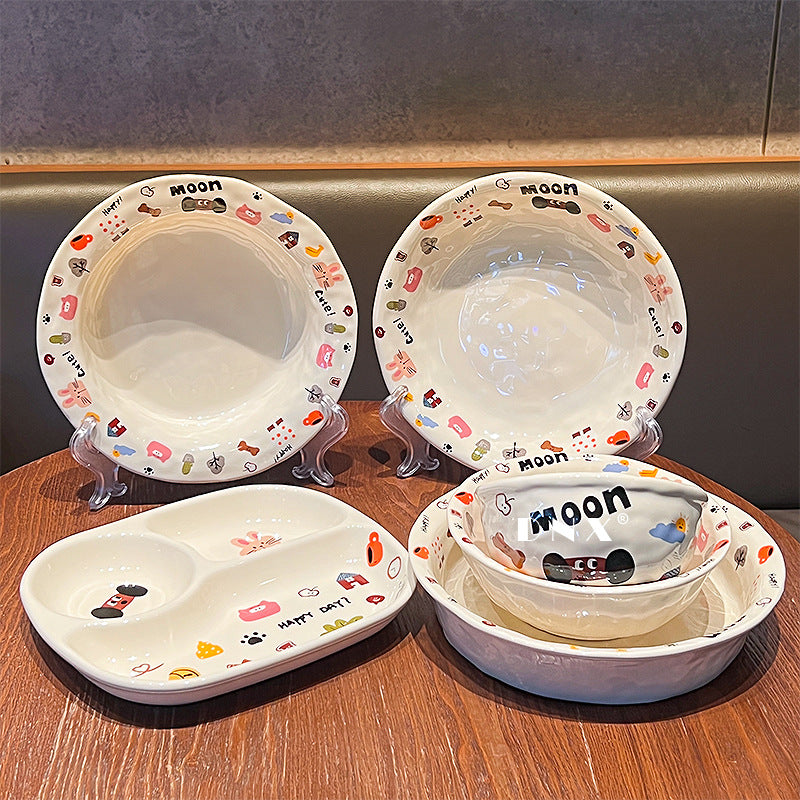 Cute moon dog ceramic tableware high value ins dinner plate, rice bowl, salad bowl, soup plate, household dish plate gift box